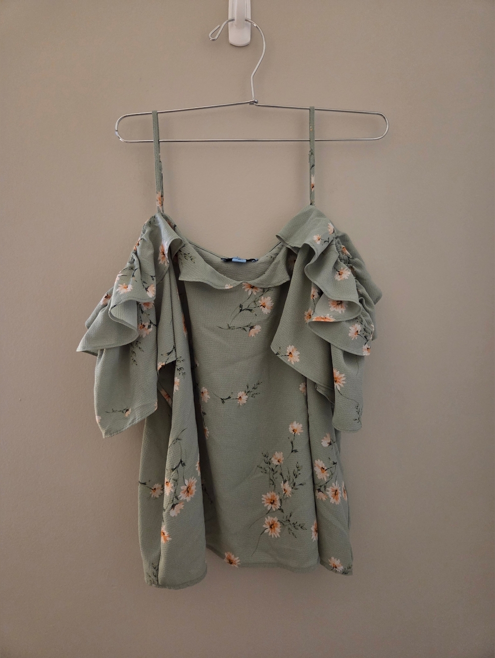 Sage Green Floral Ruffle Cold-Shoulder Top